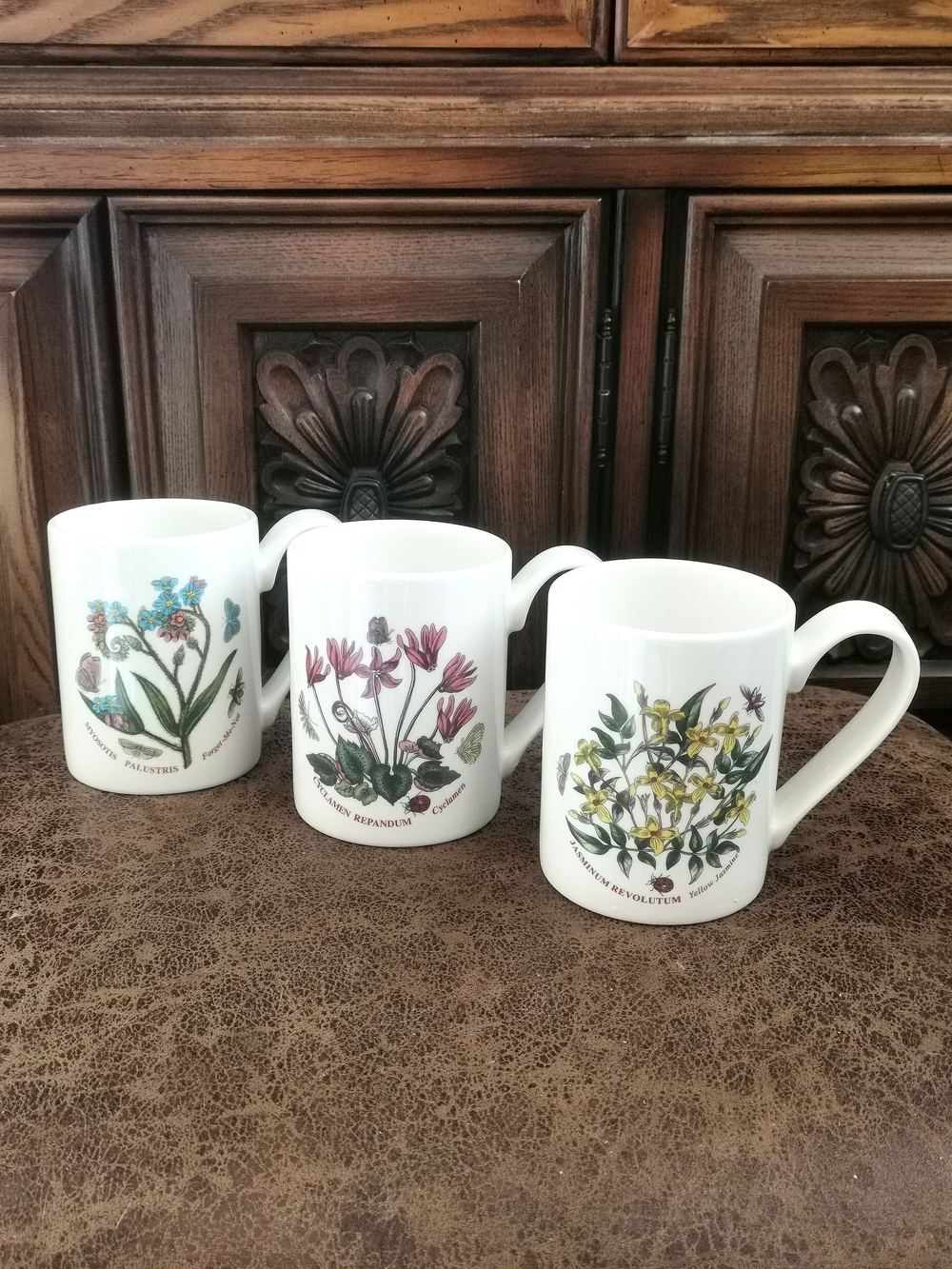 Set Of 3 Portmeirion White Mugs with Blue and Green Floral Motif